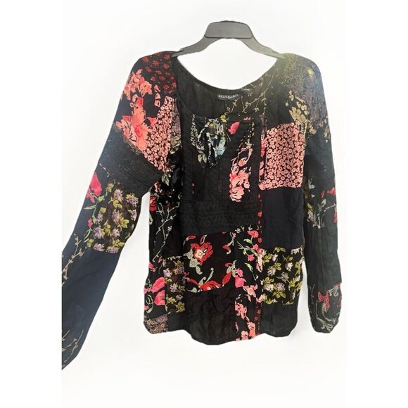 Vintage Floral Patchwork Print Bell Sleeve Boho Top Tie Flowy Sz L Whimsygoth - Picture 1 of 4